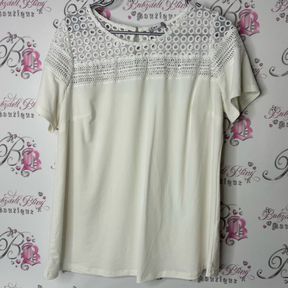 Dex tee shirt crochet style Embellished Short Sleeve Blouse white cream